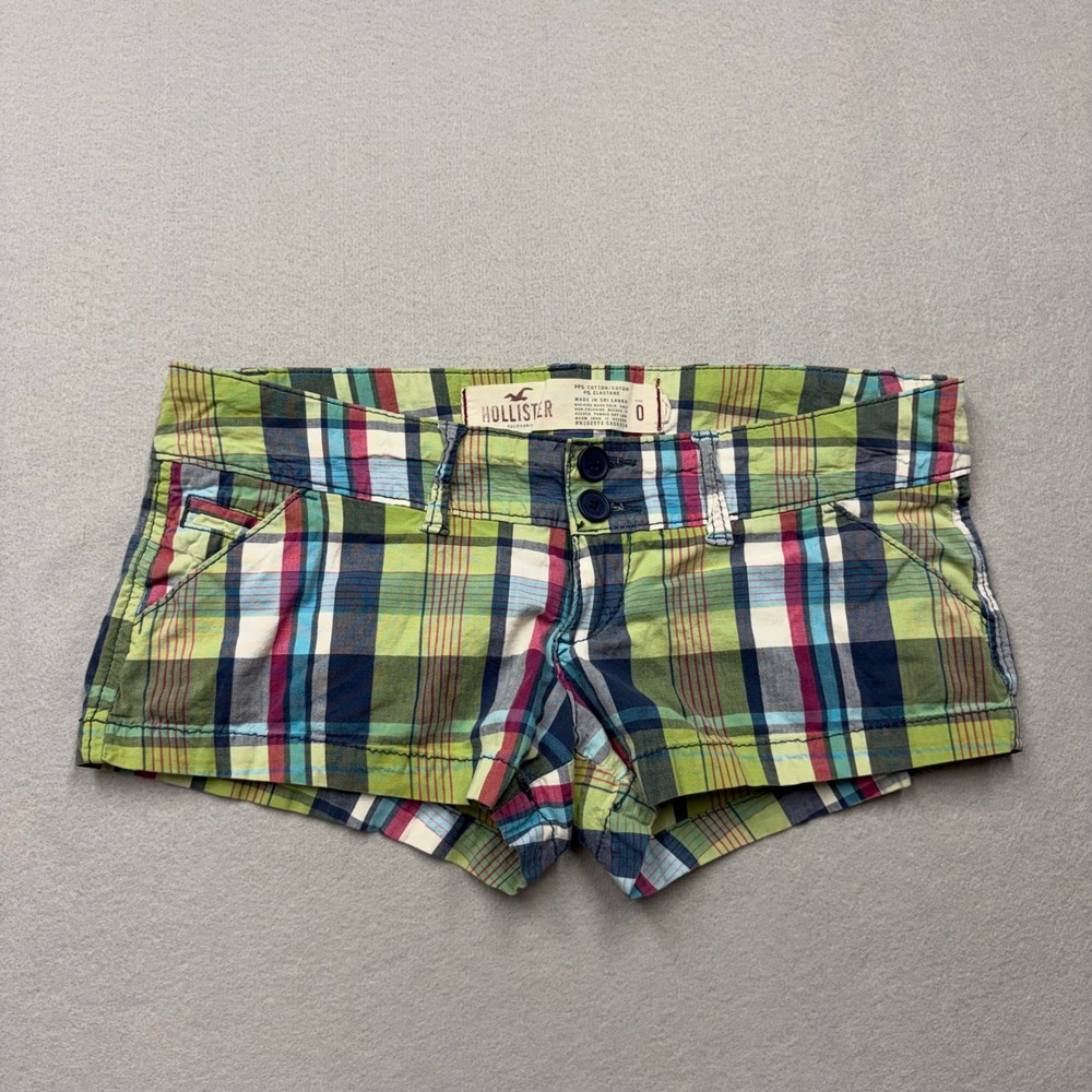 Hollister Plaid Shorts Women 0 Green Blue Pink Low Rise Y2K Mini Cotton Stretch